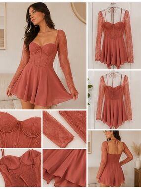Oh Polly Rust Red Lace Long Sleeve Mini Dress